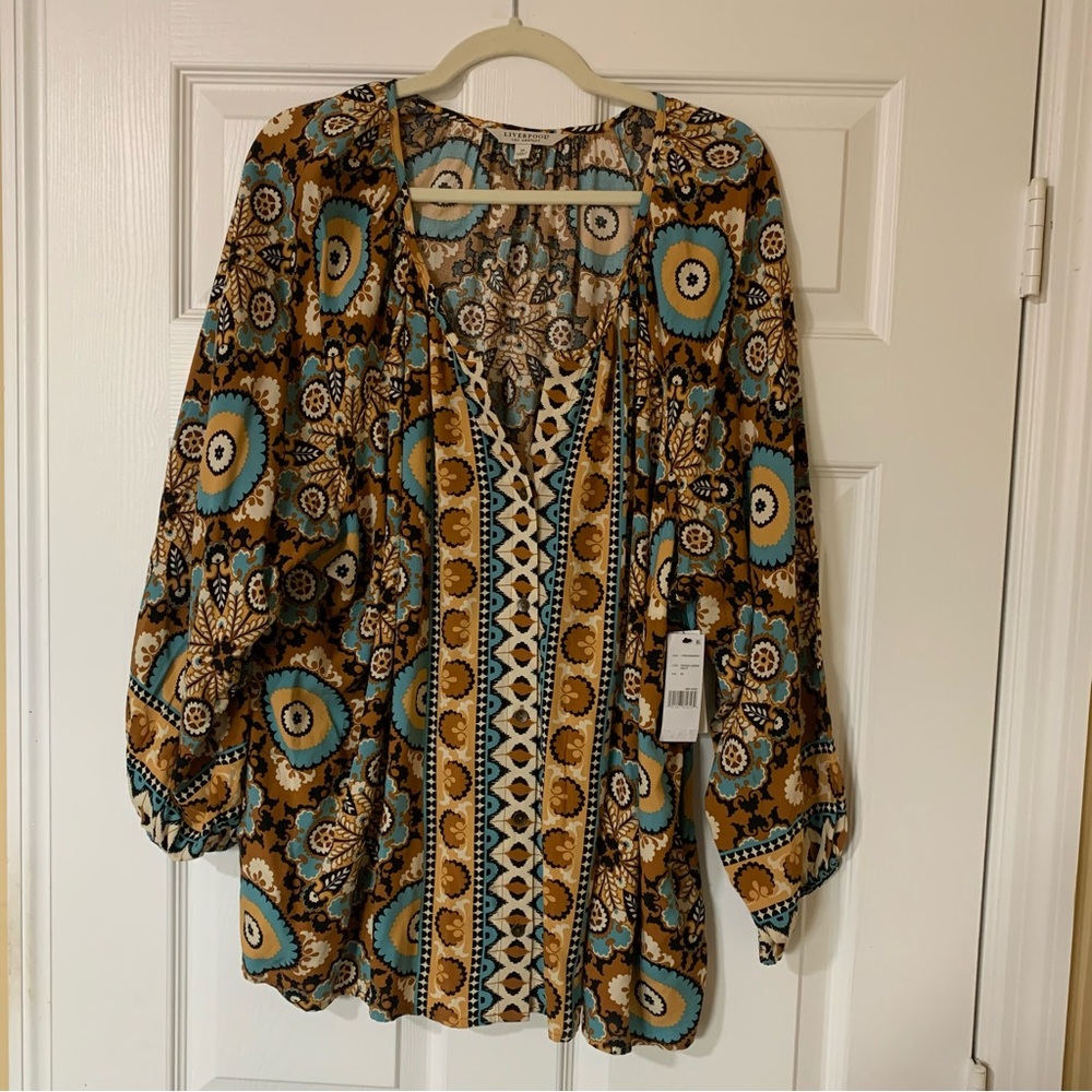 NWT Liverpool Multicolored Long‎ Sleeve Pattern Blouse Boho Hippie Chic